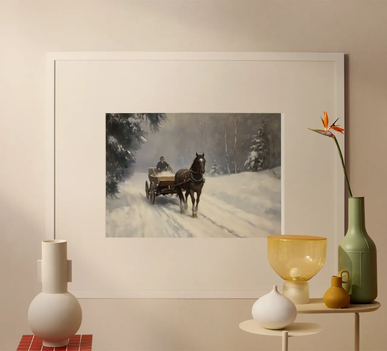 Viaggio d'inverno - Cavallo e slitta - Paesaggio innevato poster con telaio in plastica da ClubArt