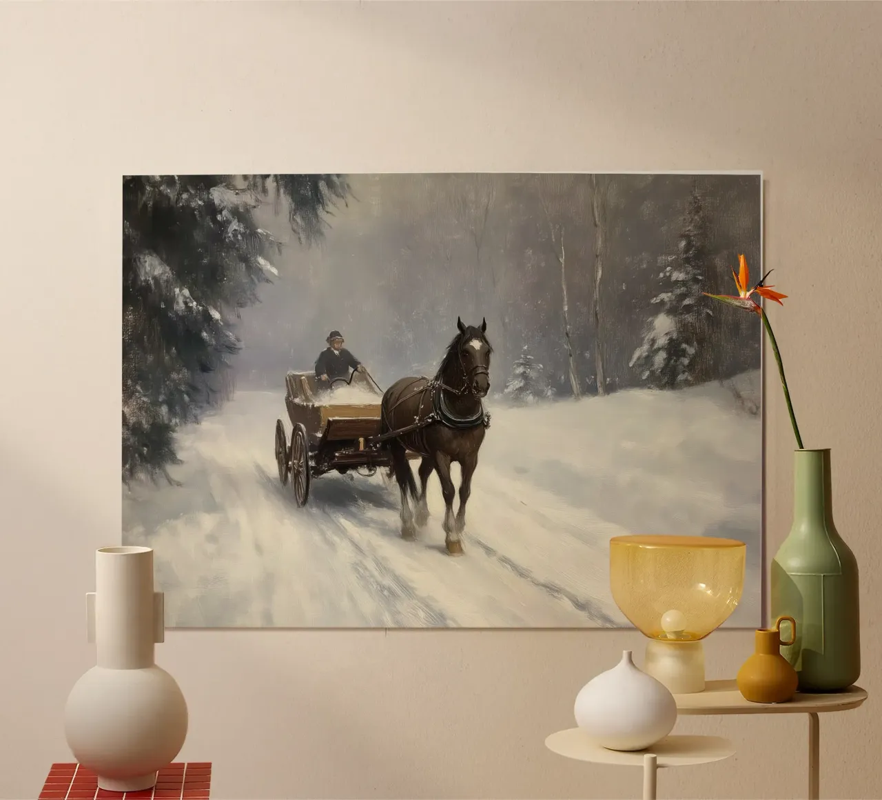 Viaggio d'inverno - Cavallo e slitta - Paesaggio innevato poster con telaio in plastica da ClubArt
