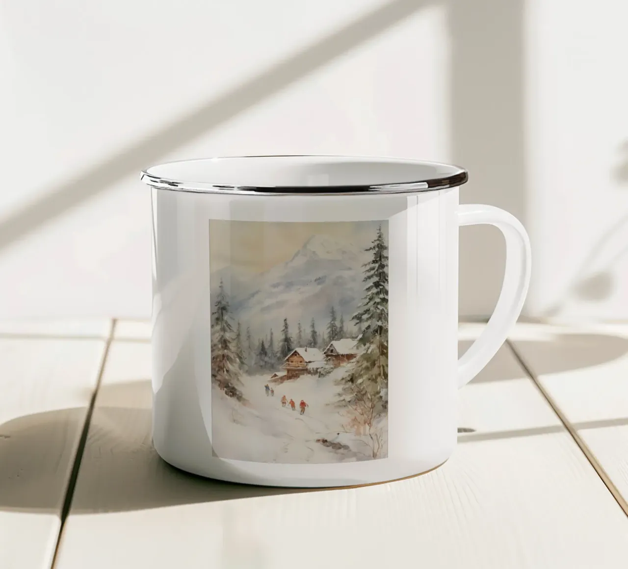 Sciatori alpini e baite - Paesaggio montano innevato tazza in smalto da ClubArt
