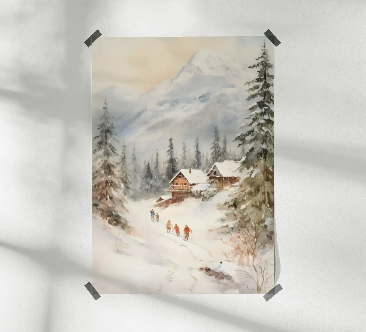 Sciatori alpini e baite - Paesaggio montano innevato poster con telaio in legno da ClubArt
