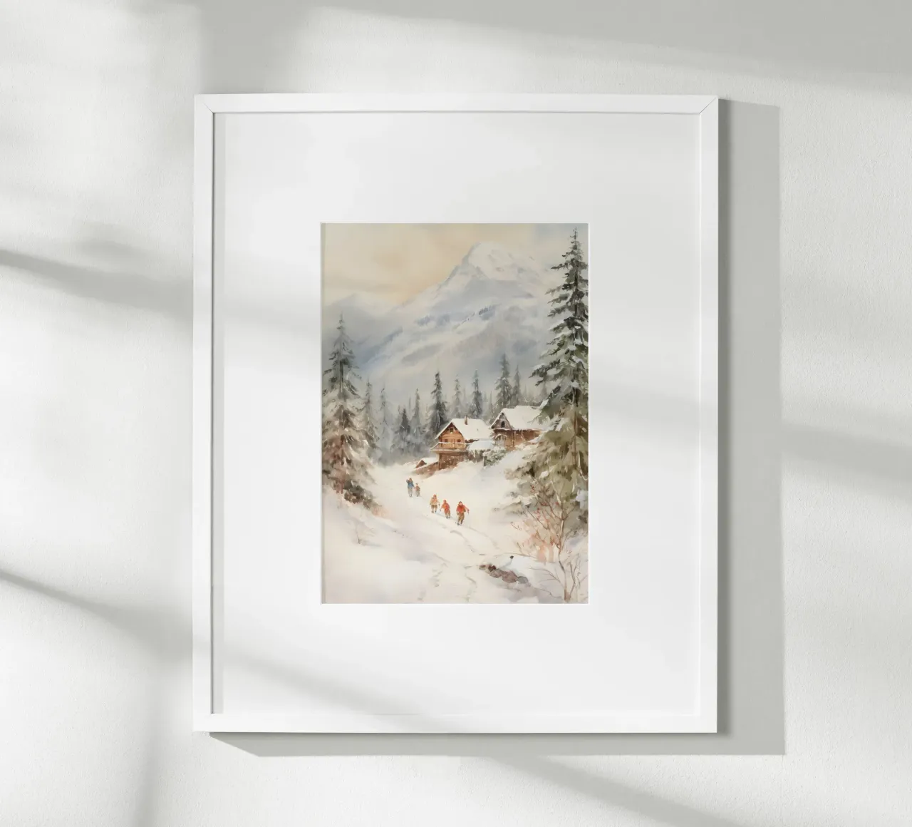Sciatori alpini e baite - Paesaggio montano innevato poster con telaio in legno da ClubArt