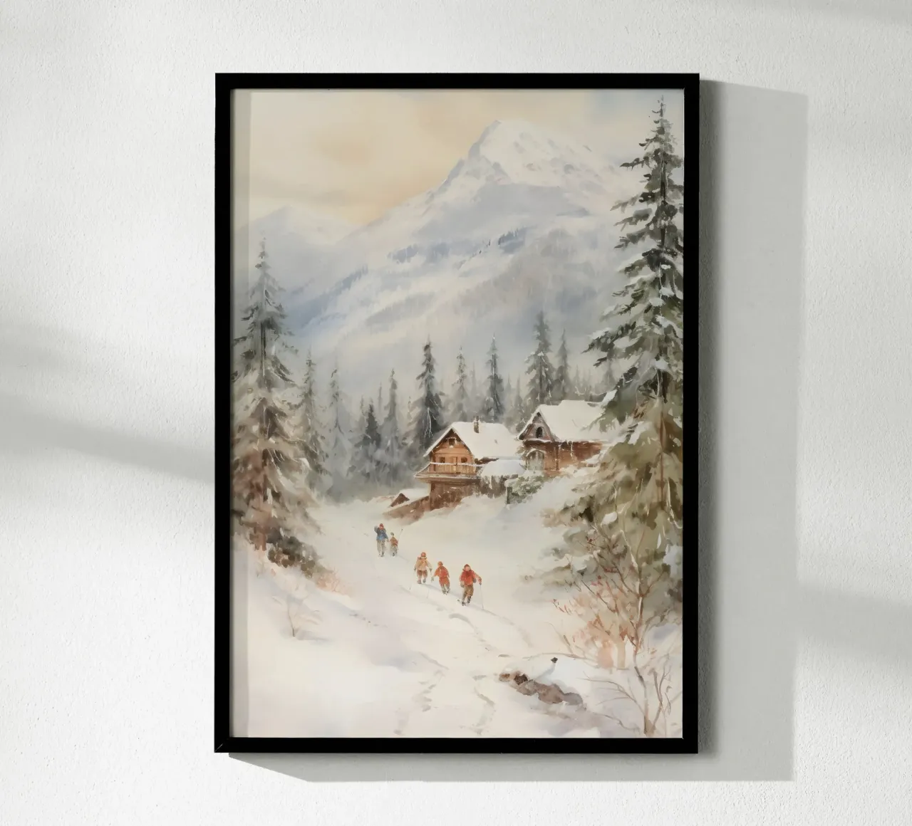 Sciatori alpini e baite - Paesaggio montano innevato poster con telaio in legno da ClubArt
