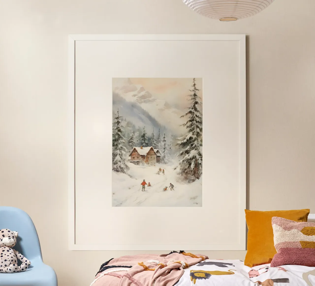 Accogliente chalet di montagna - Scena di sci alpino innevato poster con telaio in legno da ClubArt