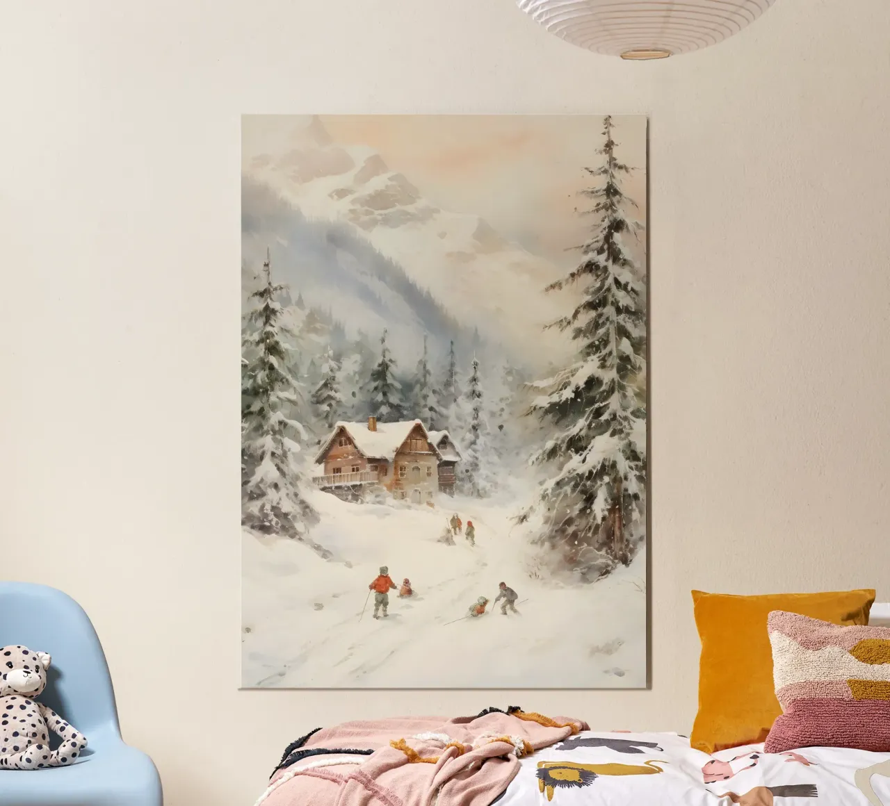 Accogliente chalet di montagna - Scena di sci alpino innevato poster con telaio in legno da ClubArt