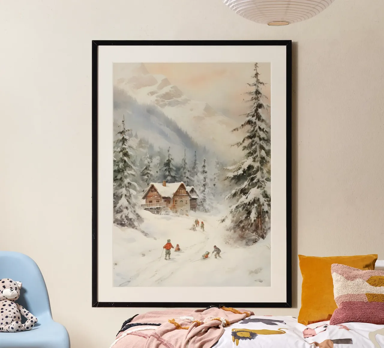Accogliente chalet di montagna - Scena di sci alpino innevato poster con telaio in legno da ClubArt