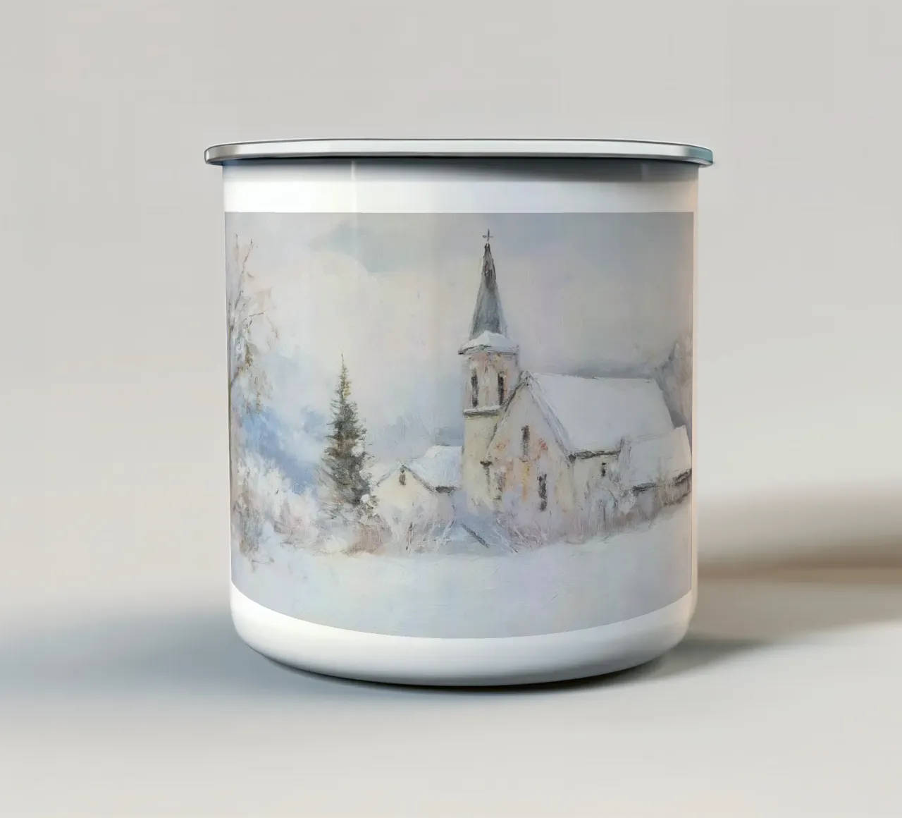 Chiesa innevata - Paesaggio invernale sereno tazza in smalto da ClubArt