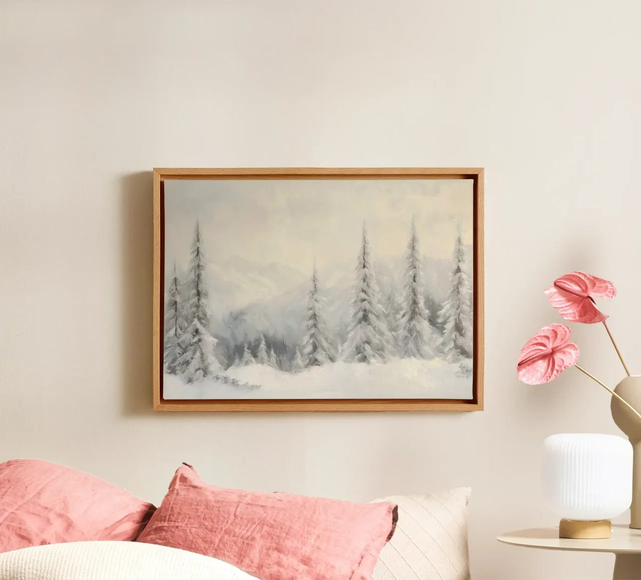 Frosted Pines - Serene Snowy Mountain Forest Art canvas with Floater frame by ClubArt