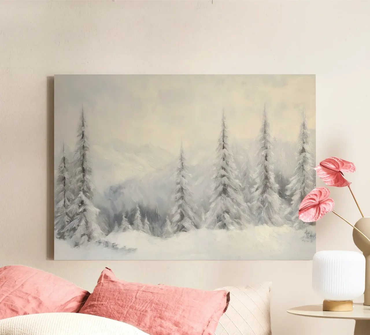 Frosted Pines - Serene Snowy Mountain Forest Art canvas with Floater frame by ClubArt