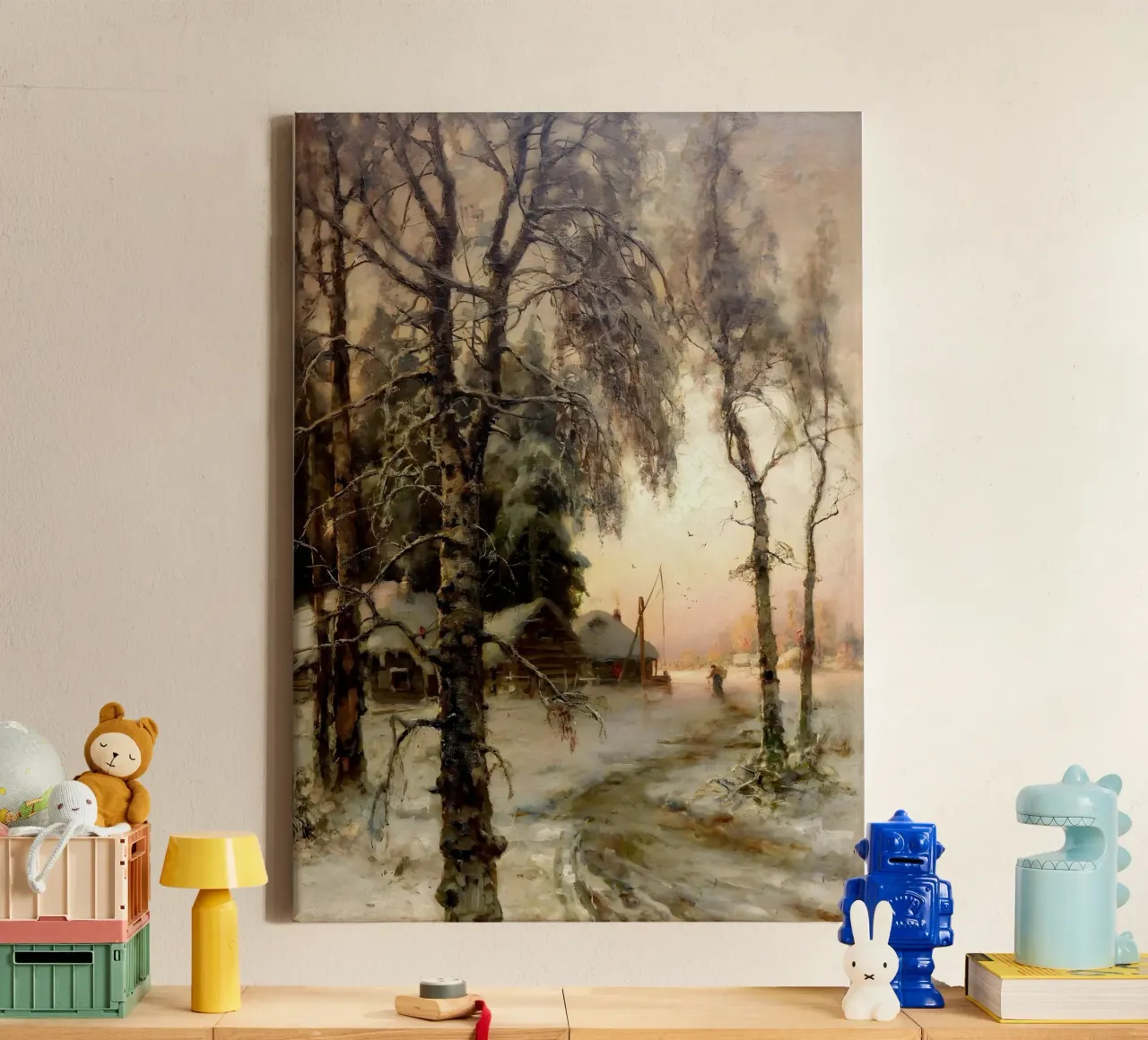 Russisch winterdorp - rustieke sneeuw landschapskunst canvas met Baklijst van ClubArt