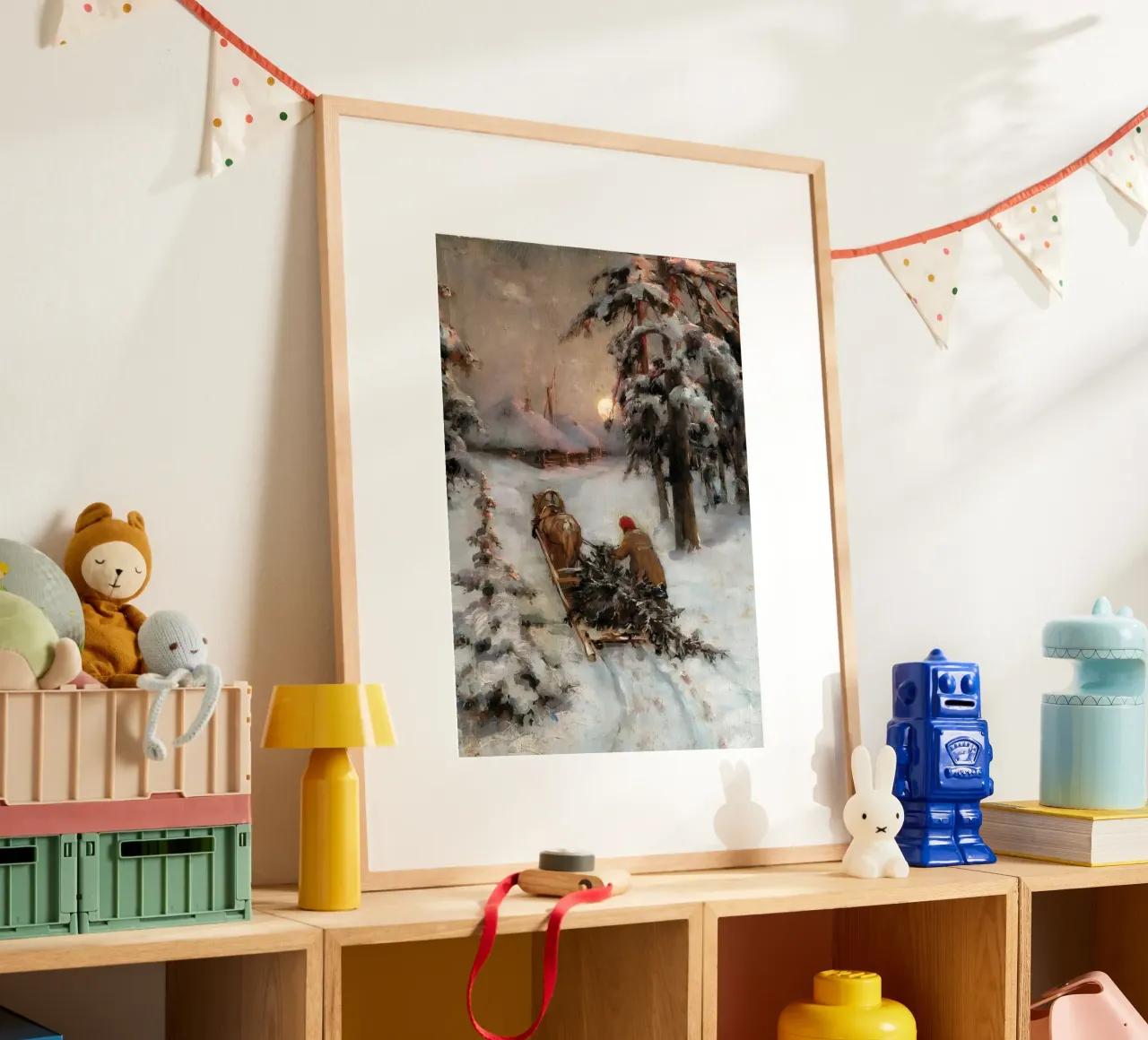 Winterschlittenfahrt - Verschneiter Wald & Vollmondkunst Poster von ClubArt