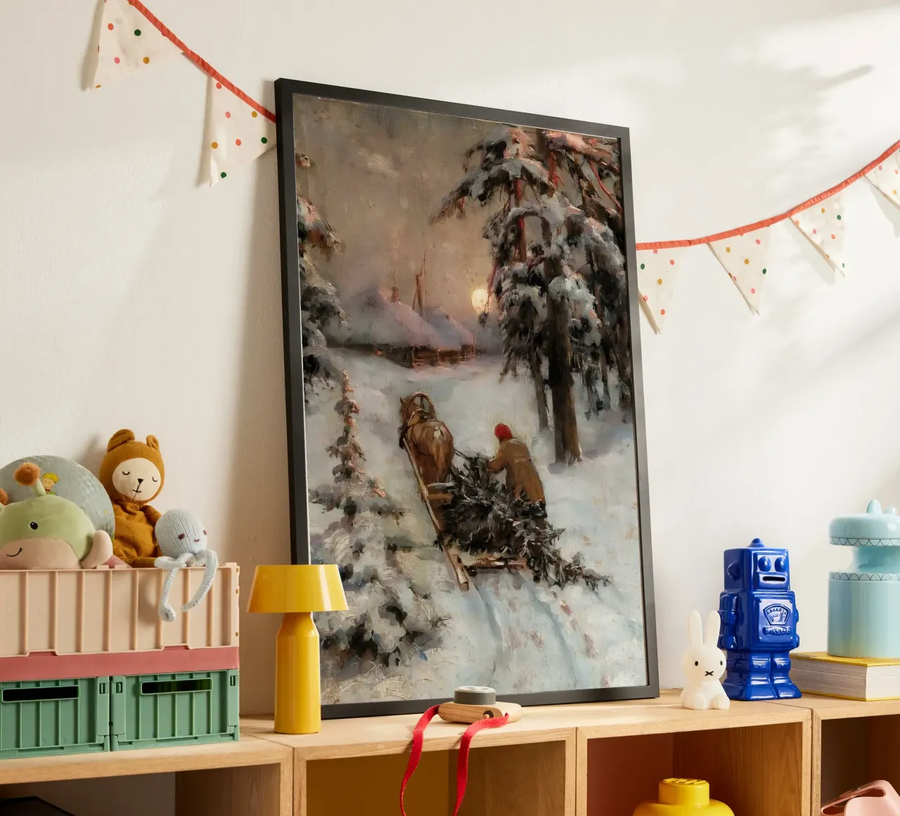 Winterschlittenfahrt - Verschneiter Wald & Vollmondkunst Poster von ClubArt