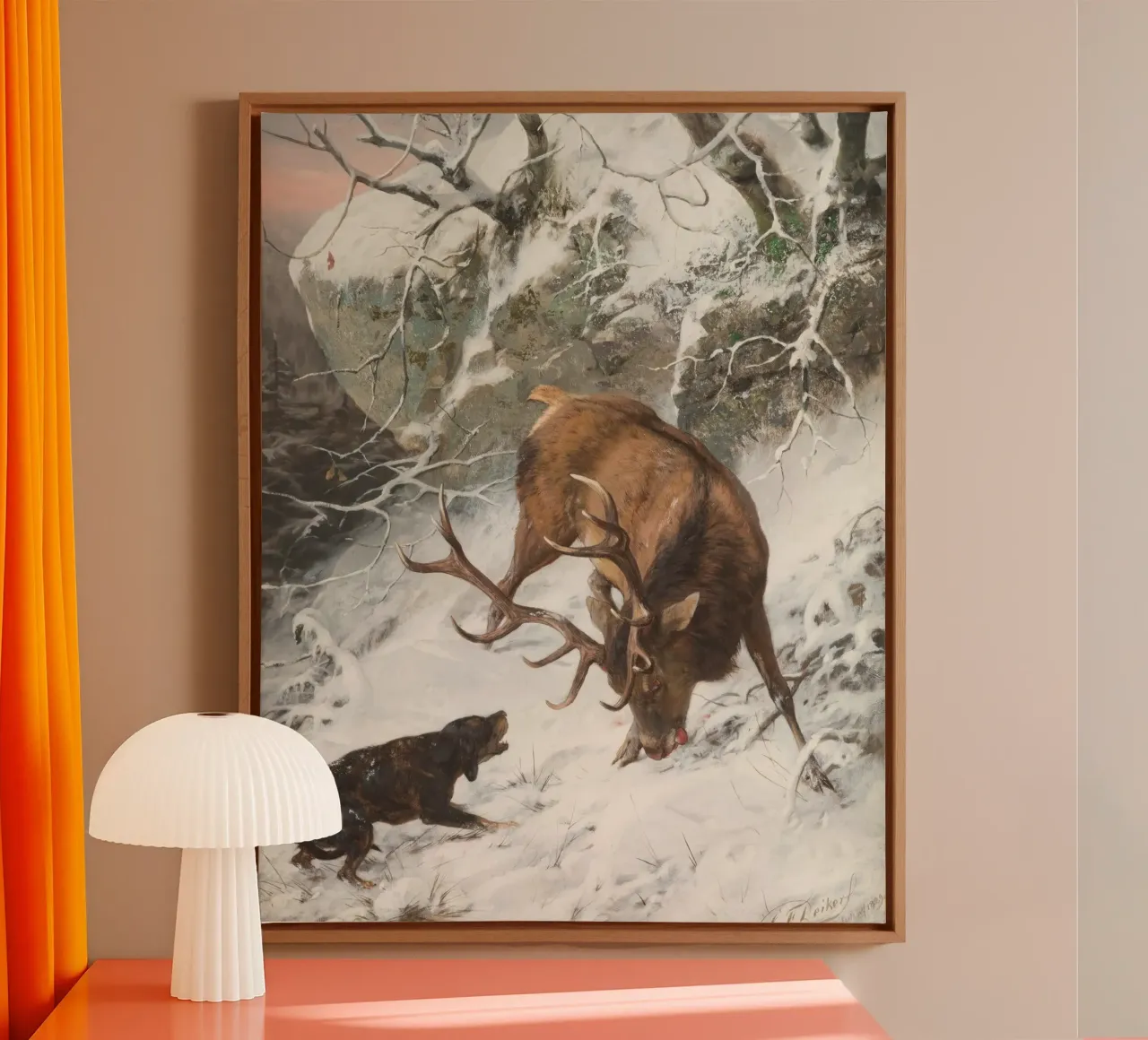 Stag & Hound in Snow - Dynamic Winter Wildlife Art canvas with Floater frame by ClubArt