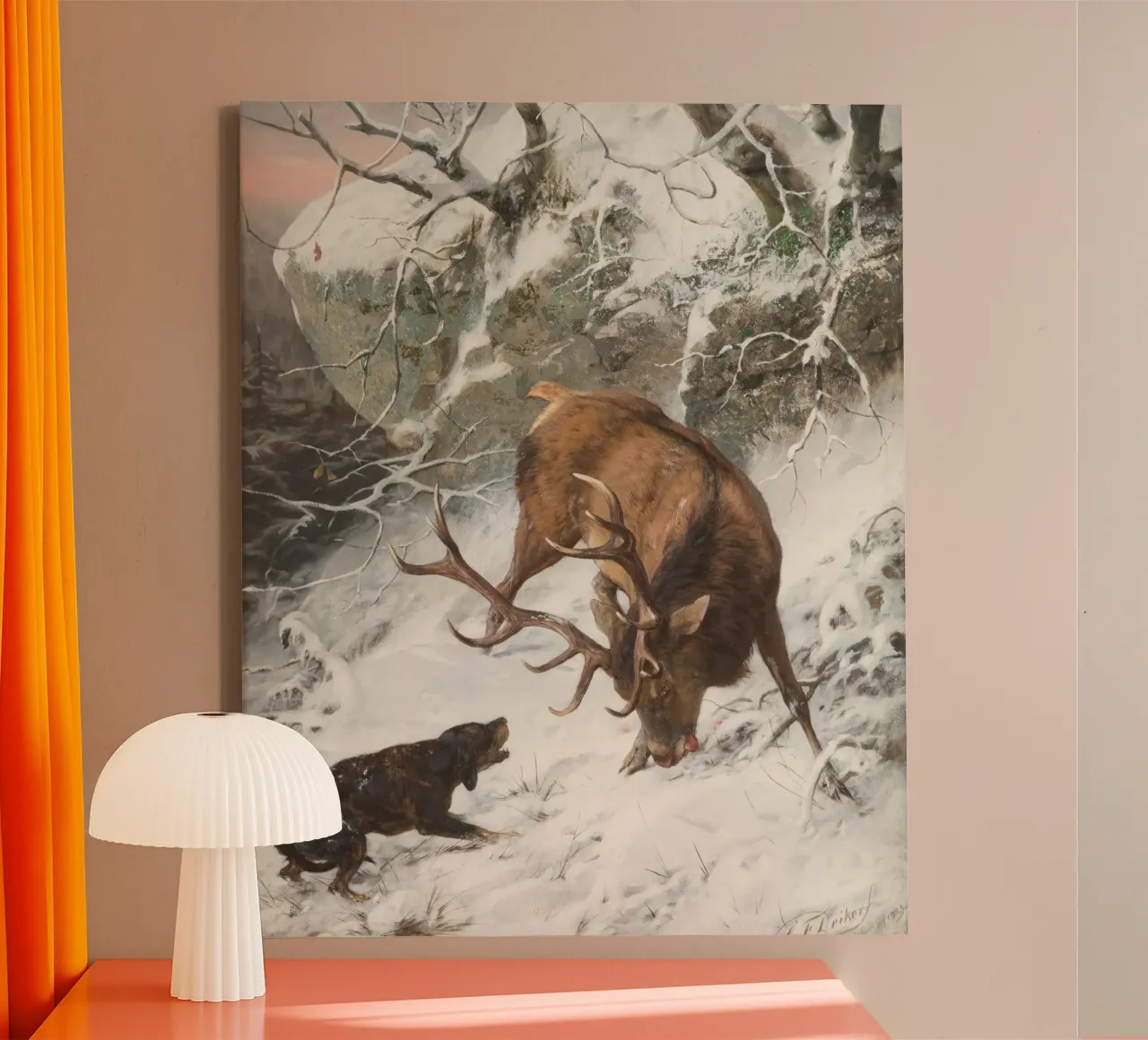 Stag & Hound in Snow - Dynamic Winter Wildlife Art canvas with Floater frame by ClubArt
