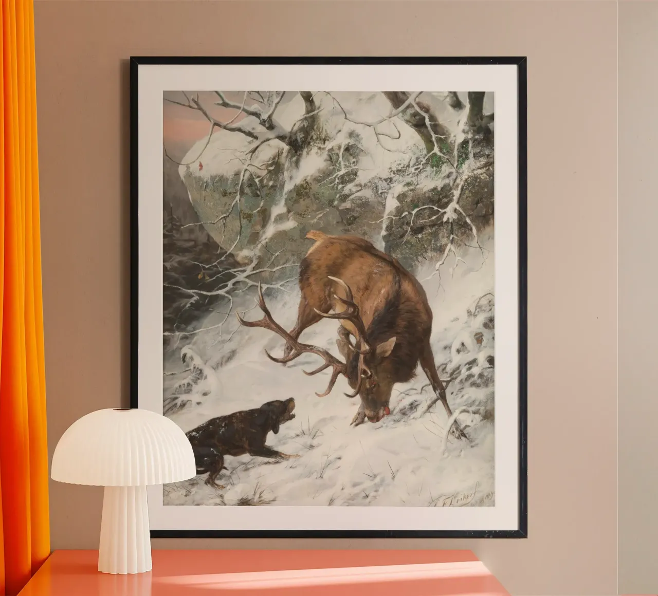 Cervo e cane nella neve - Arte dinamica della fauna invernale poster da ClubArt