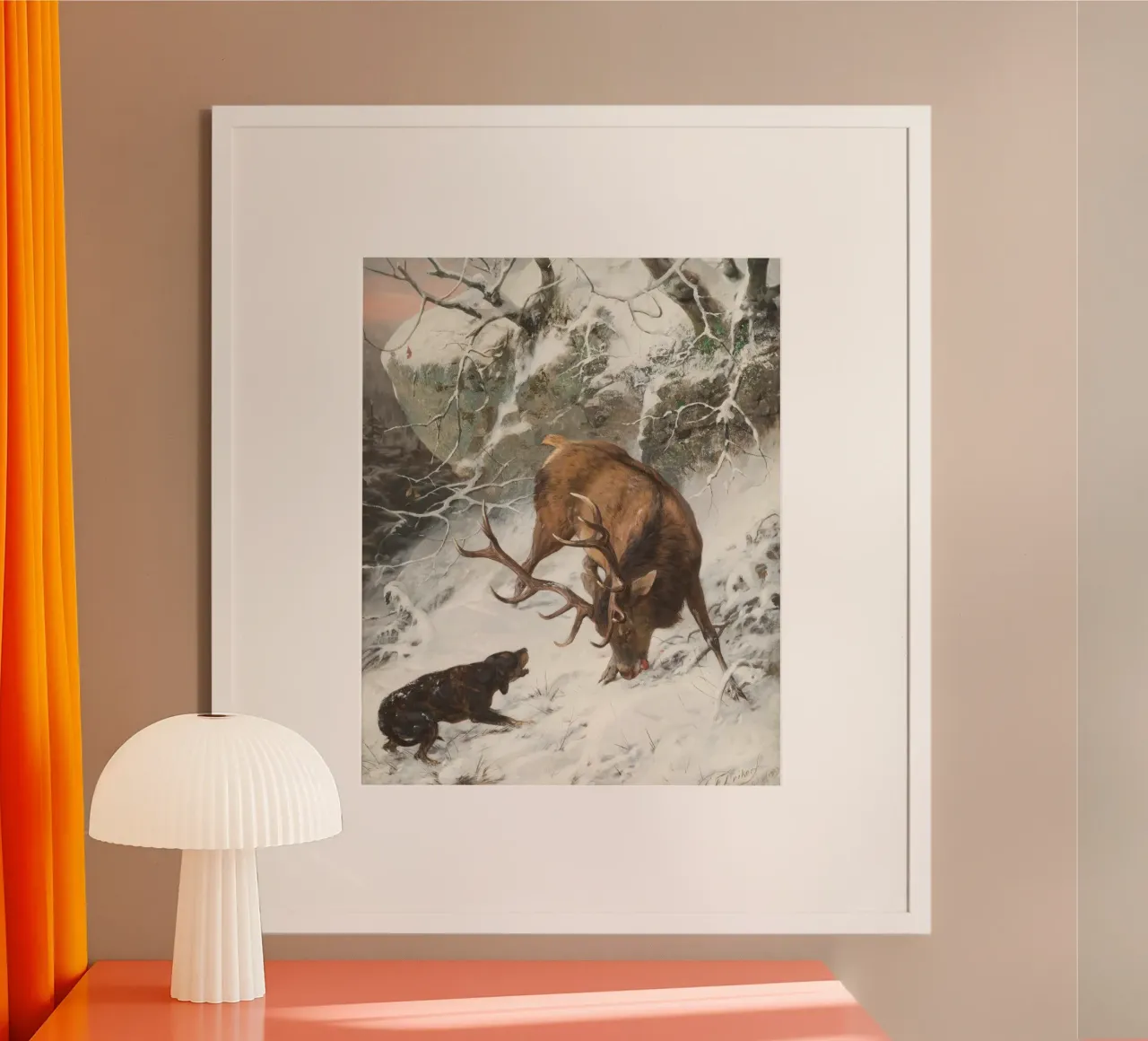 Cervo e cane nella neve - Arte dinamica della fauna invernale poster da ClubArt