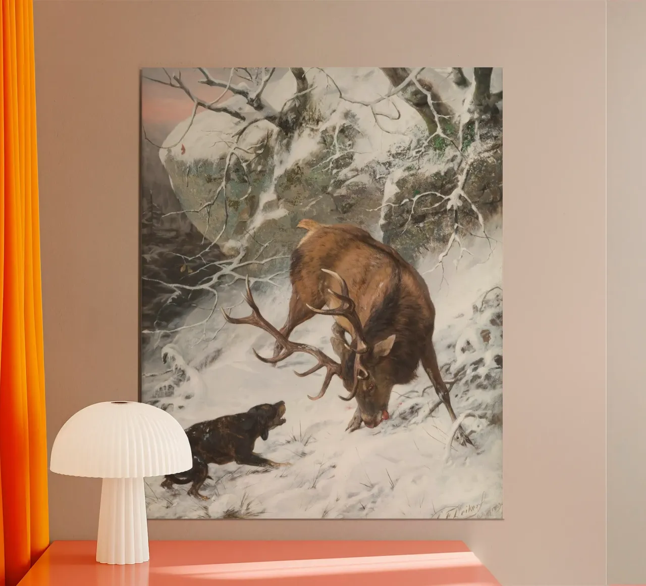 Cervo e cane nella neve - Arte dinamica della fauna invernale poster da ClubArt