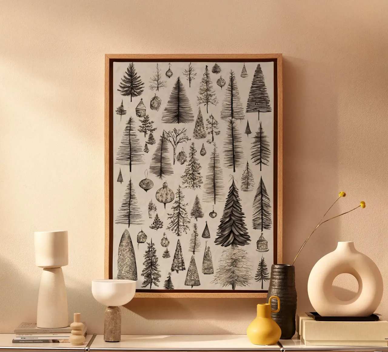 Grillige kerstbomen - Handgetekende kerstversiering canvas met Baklijst van ClubArt
