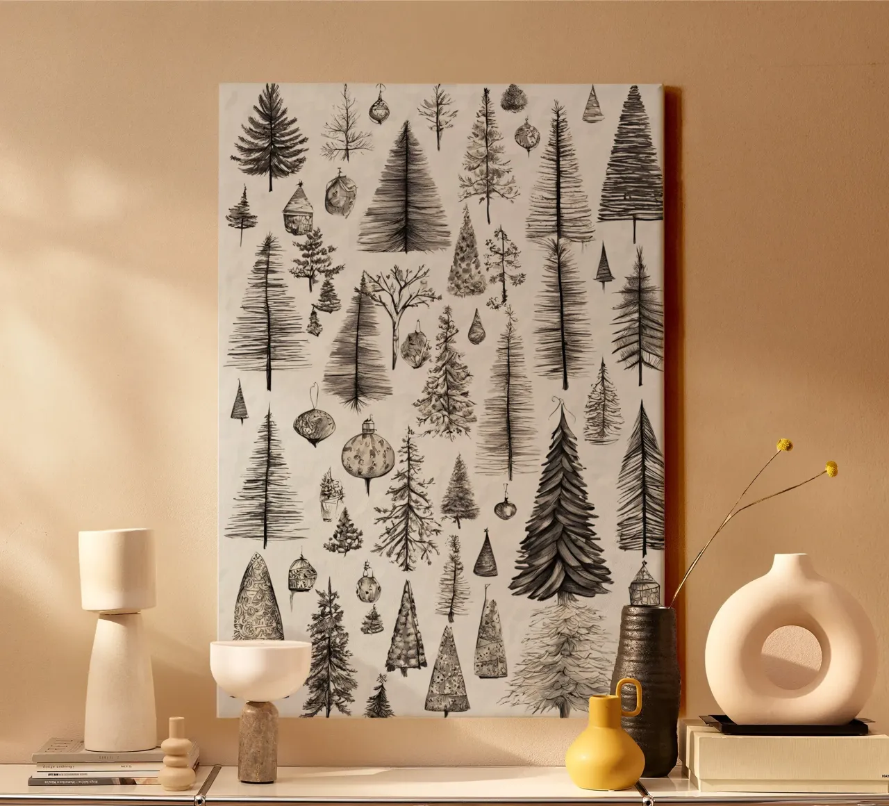 Grillige kerstbomen - Handgetekende kerstversiering canvas met Baklijst van ClubArt