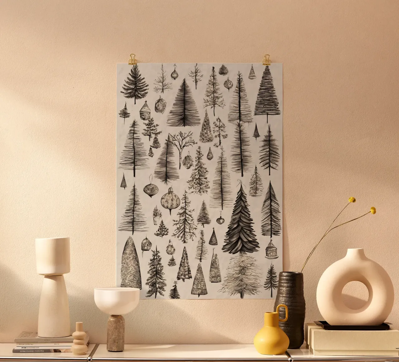 Árboles de Navidad caprichosos - Decoración navideña dibujada a mano poster de ClubArt