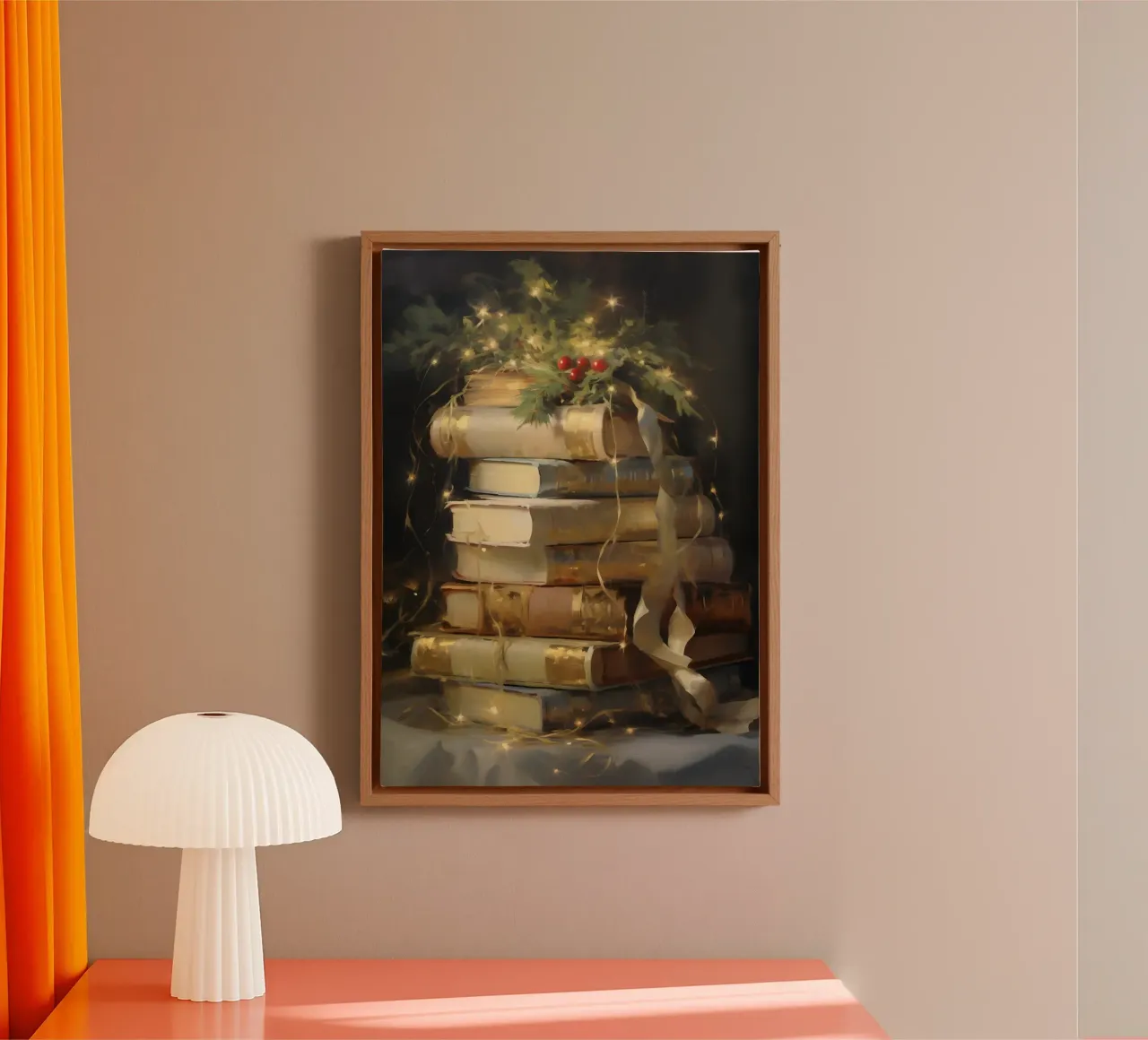 Acogedores libros de Navidad - Bodegón de lectura navideño lienzo con Marco flotante de ClubArt