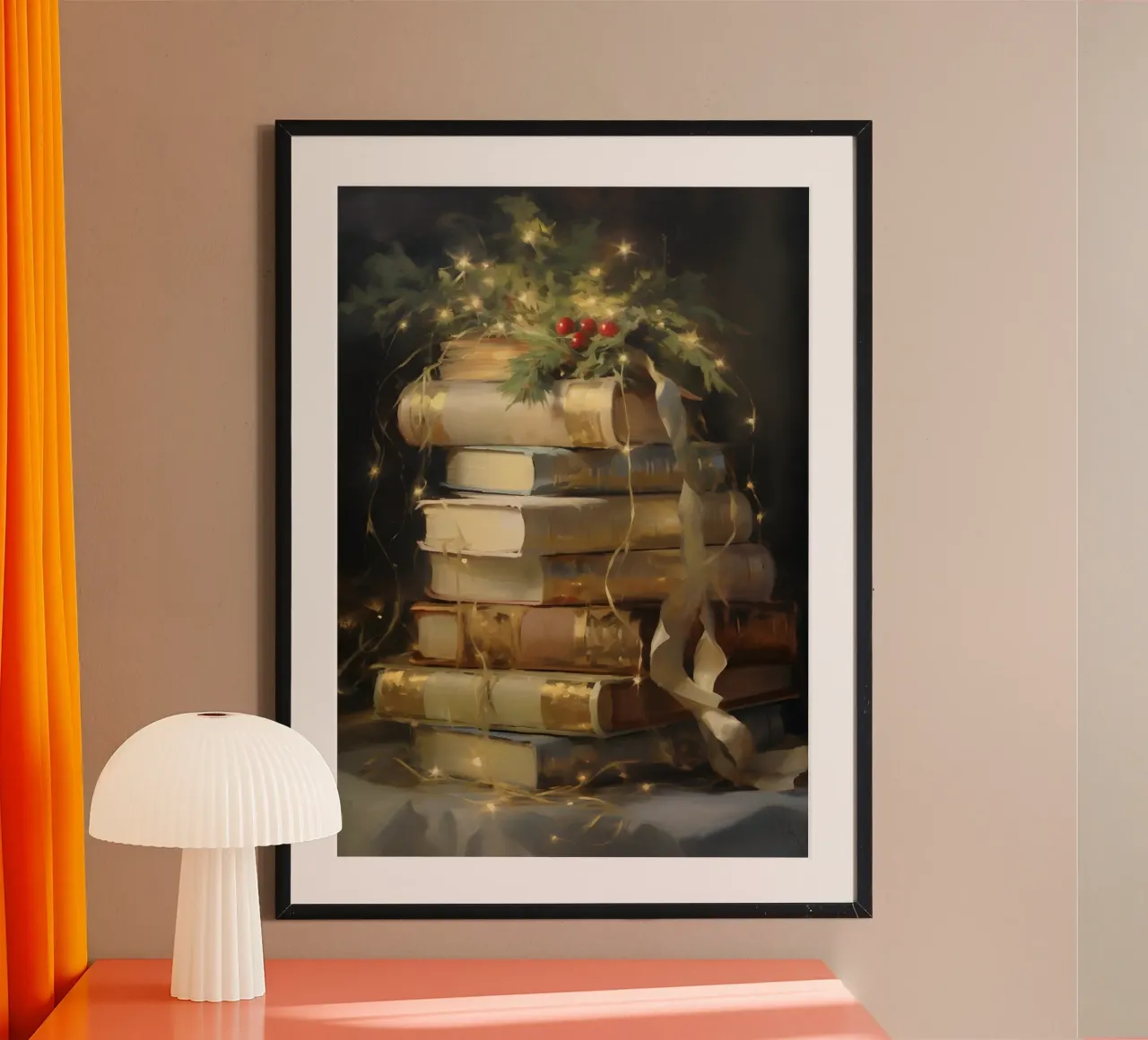 Acogedores libros de Navidad - Bodegón de lectura navideño poster con marco de madera de ClubArt