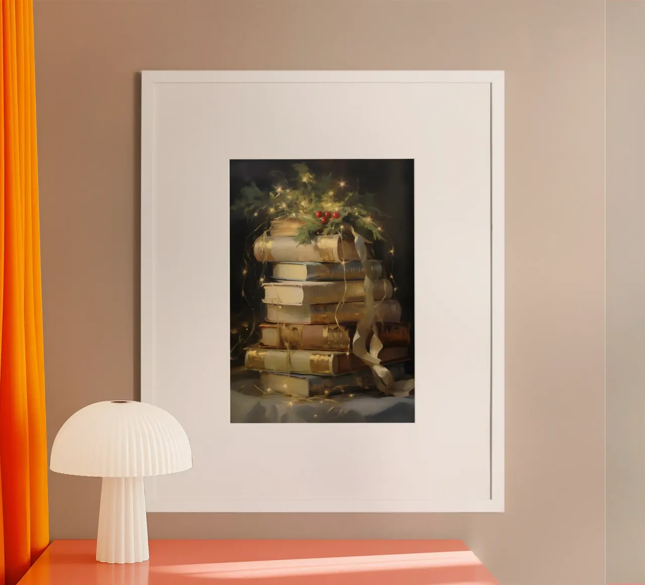 Acogedores libros de Navidad - Bodegón de lectura navideño poster con marco de madera de ClubArt