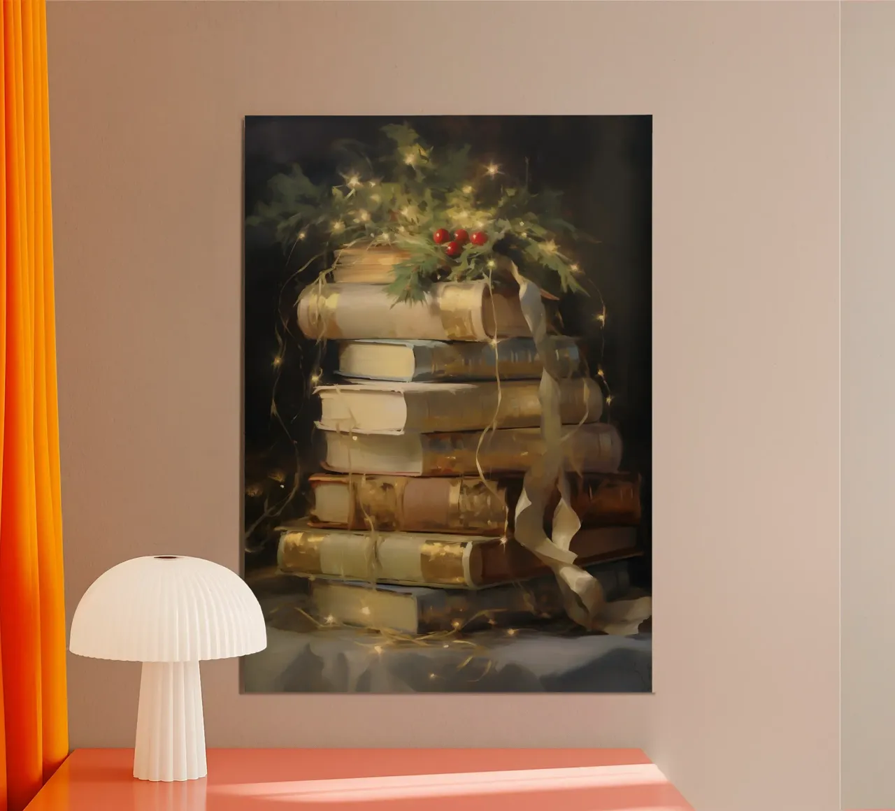 Acogedores libros de Navidad - Bodegón de lectura navideño poster con marco de madera de ClubArt