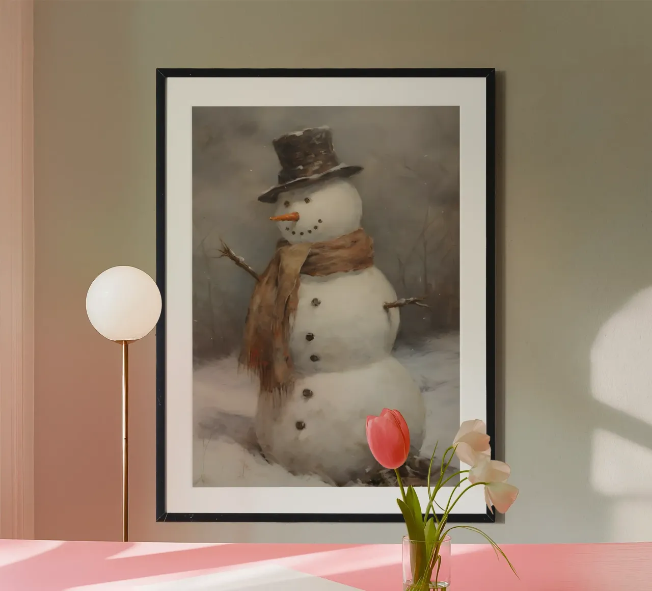 Klassischer Schneemann - Rustikale Winterwunderland-Kunst Poster mit Holzrahmen von ClubArt