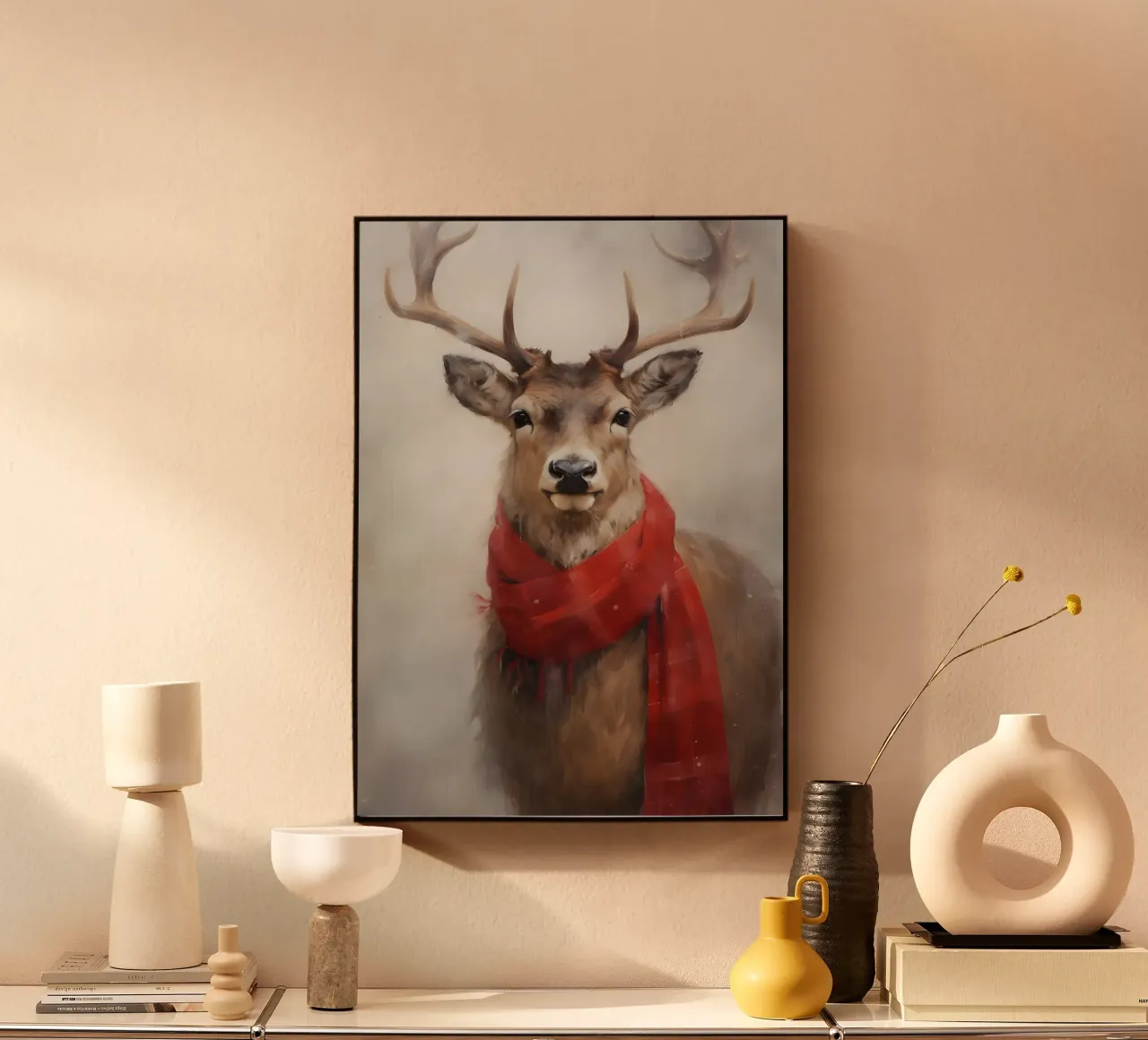 Cerf à l'écharpe rouge - Art fantaisiste sur les cerfs en hiver alu dibond de ClubArt