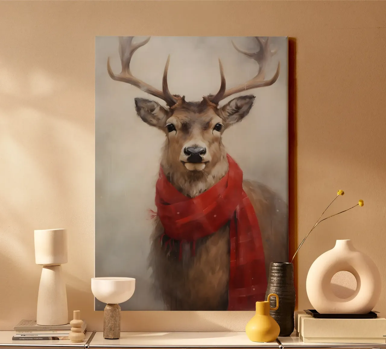 Festive Red Scarf Stag - Whimsical Winter Deer Art canvas by ClubArt