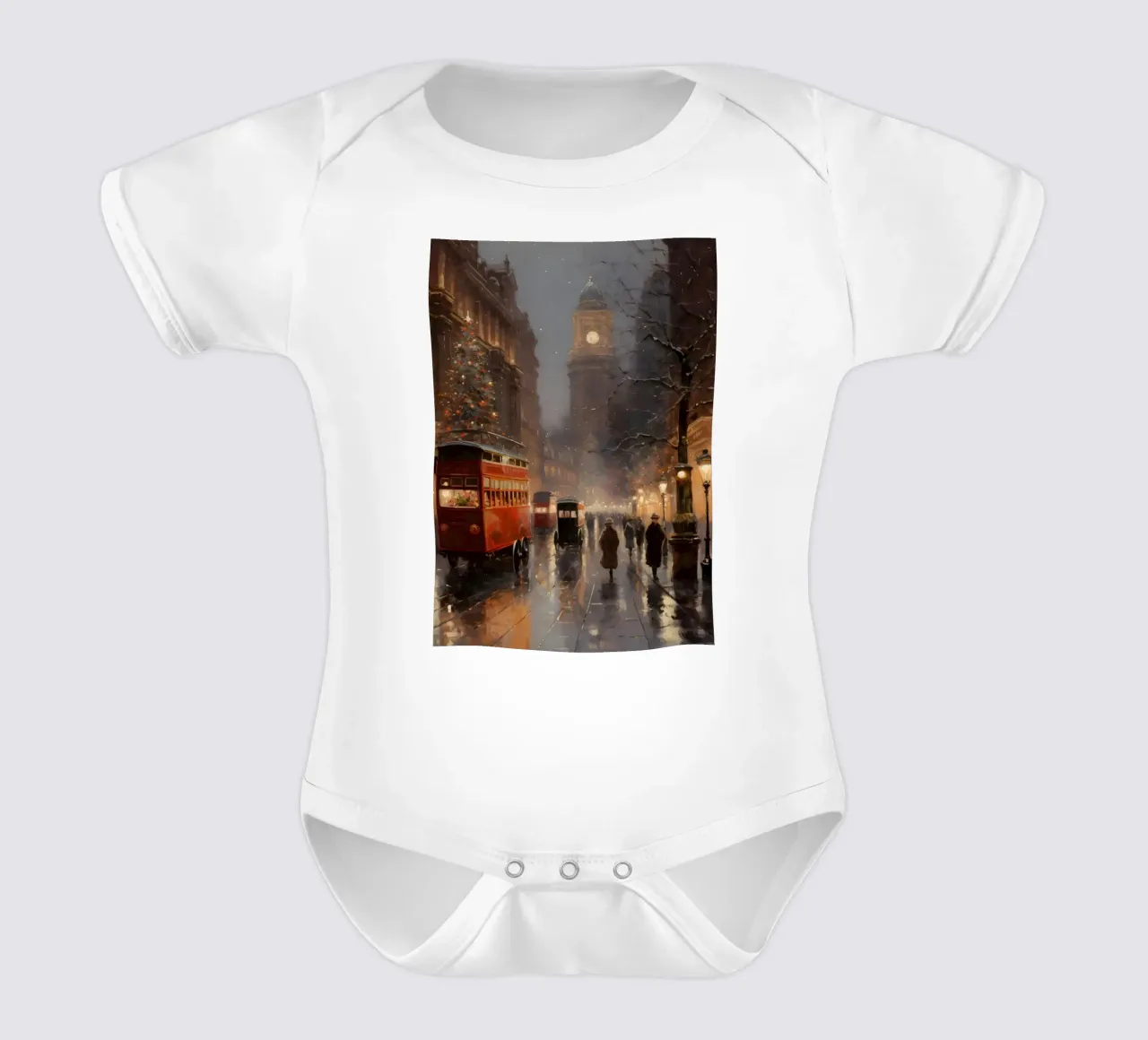 Victorian Christmas Street - Rainy City Night Art short-sleeve baby romper by ClubArt