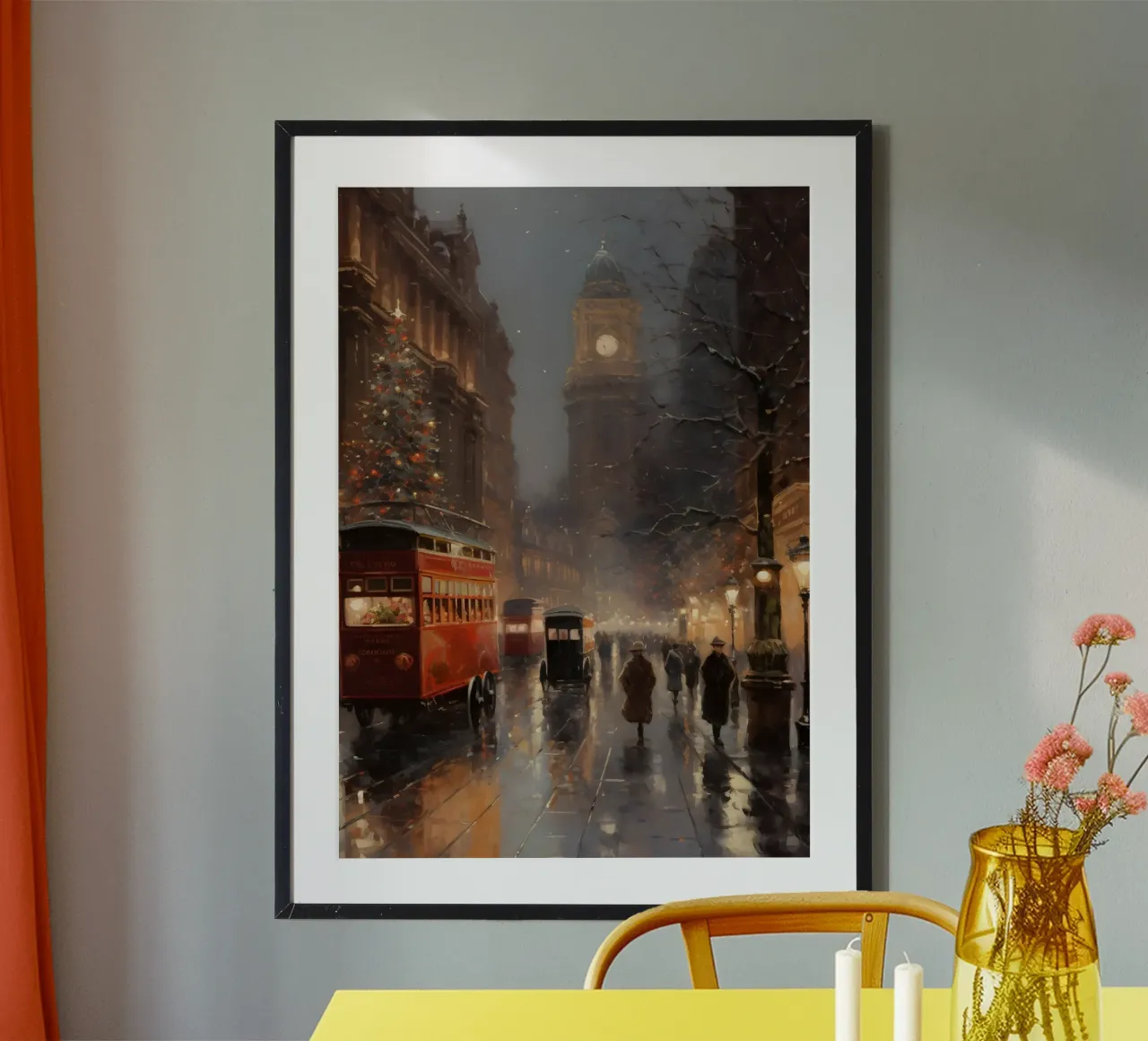 Strada vittoriana di Natale - Arte notturna della città piovosa poster con telaio in legno da ClubArt