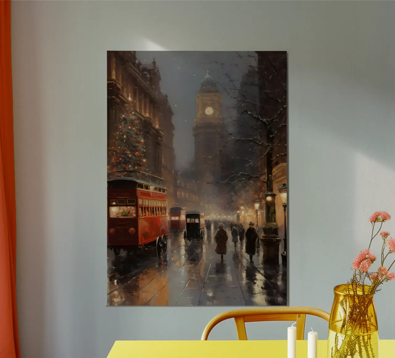 Strada vittoriana di Natale - Arte notturna della città piovosa poster con telaio in legno da ClubArt