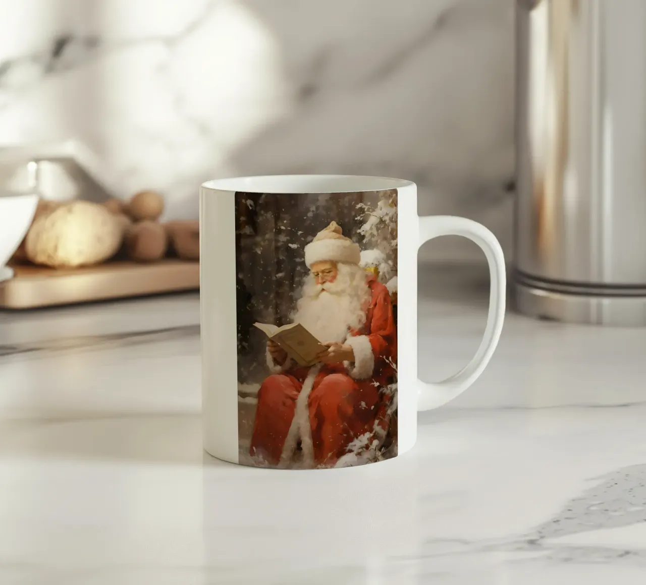 Santa Claus Reading - Cozy Snowy Christmas Art ceramic mug by ClubArt