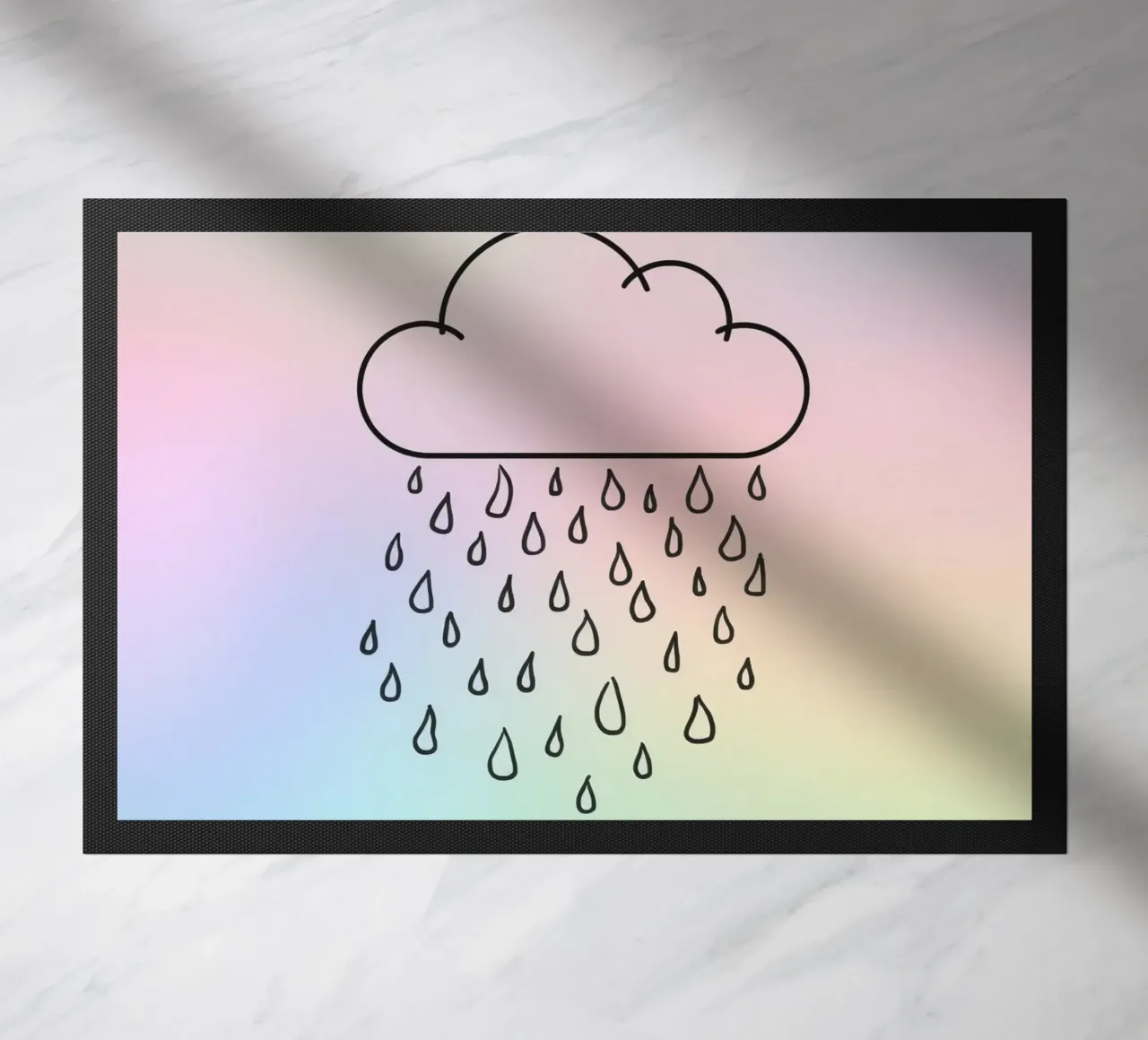 Cloud with rain illustration against a soft background doormat by DesignDoodle