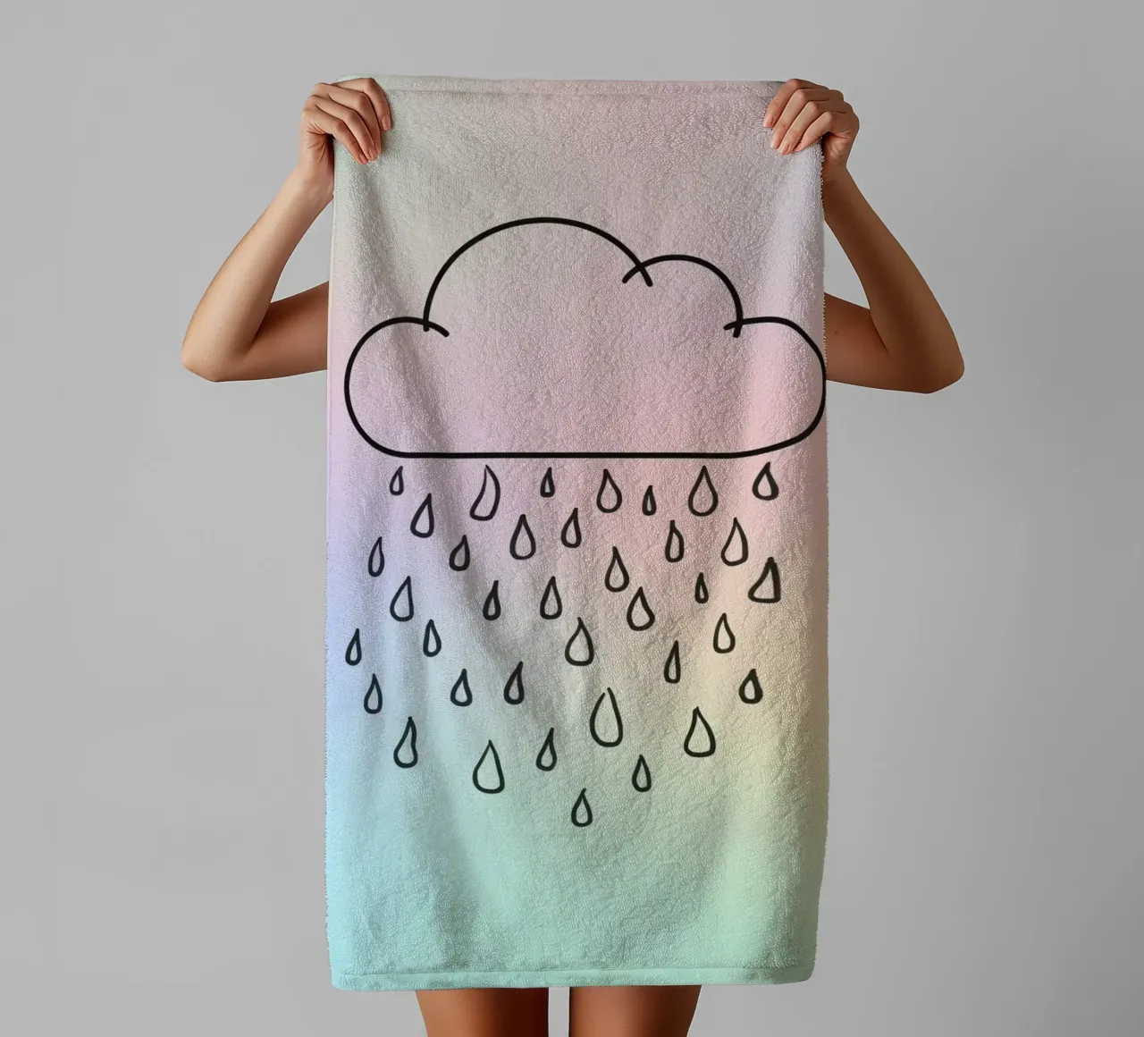 Cloud with rain illustration against a soft background towel by DesignDoodle