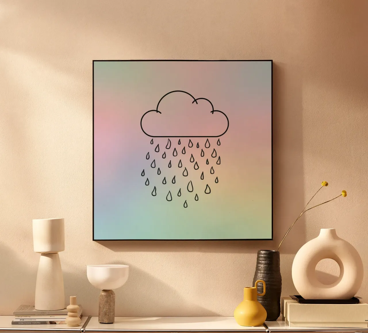 Cloud with rain illustration against a soft background alu-dibond by DesignDoodle
