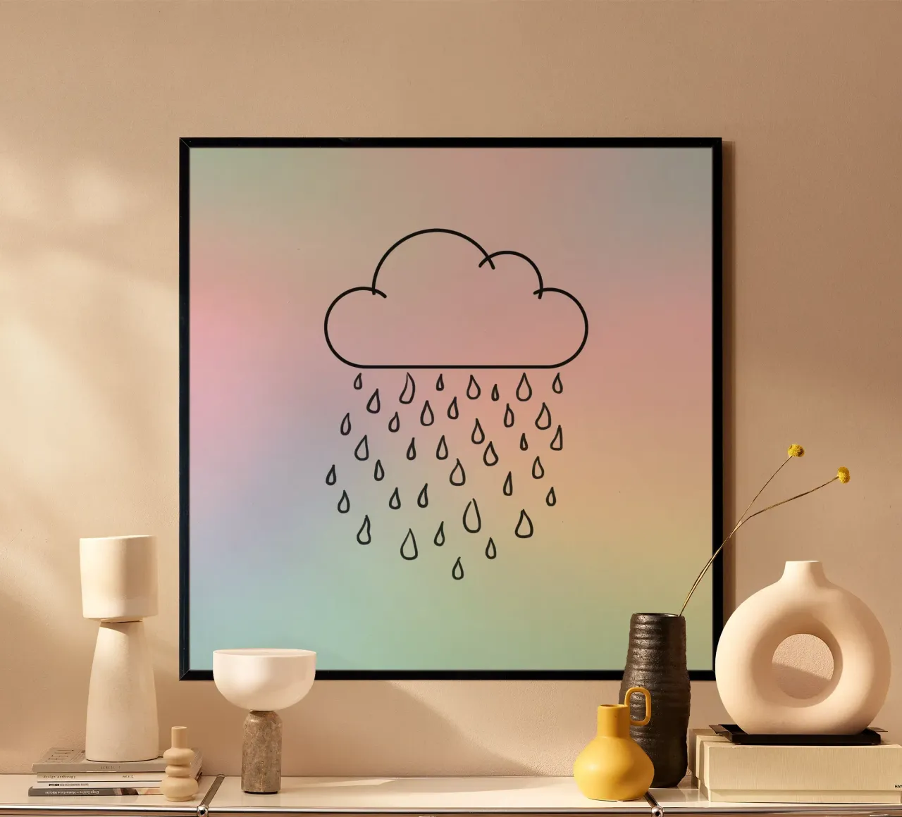 Cloud with rain illustration against a soft background hahnemühle by DesignDoodle