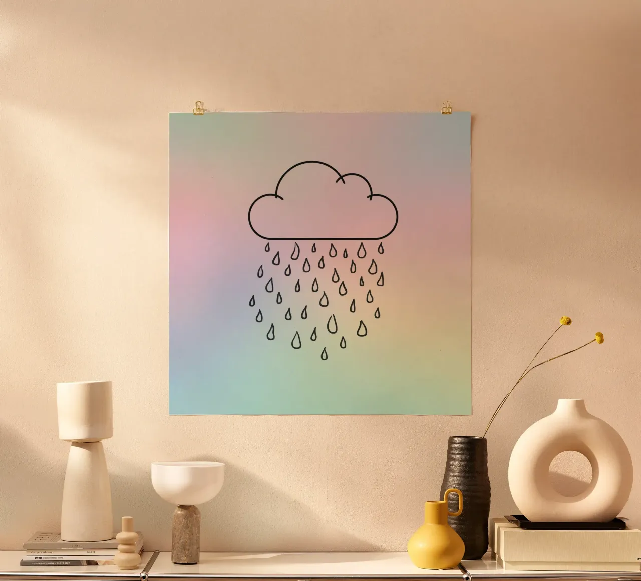 Cloud with rain illustration against a soft background hahnemühle by DesignDoodle