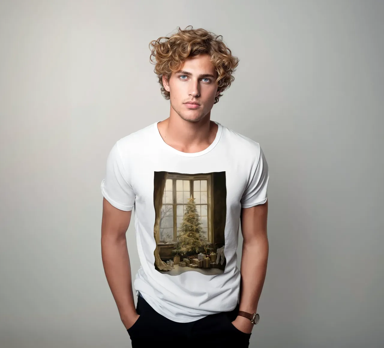 Cozy Window Christmas Tree - Elegant Holiday Scene t-shirt by ClubArt