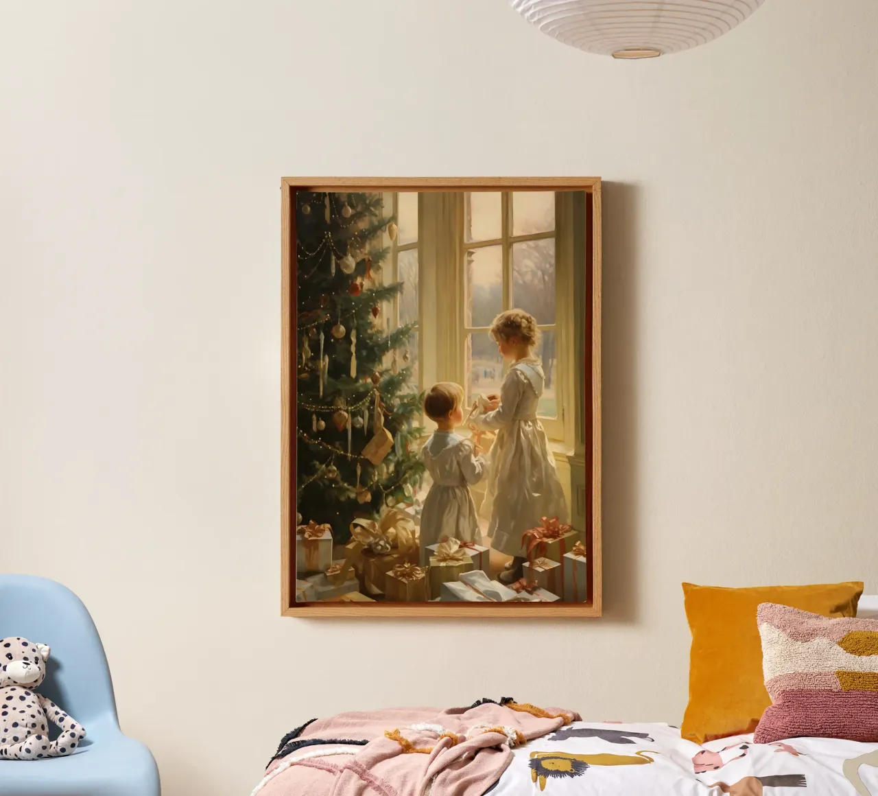Kinderen versieren boom - Klassiek kerstwonder canvas met Baklijst van ClubArt