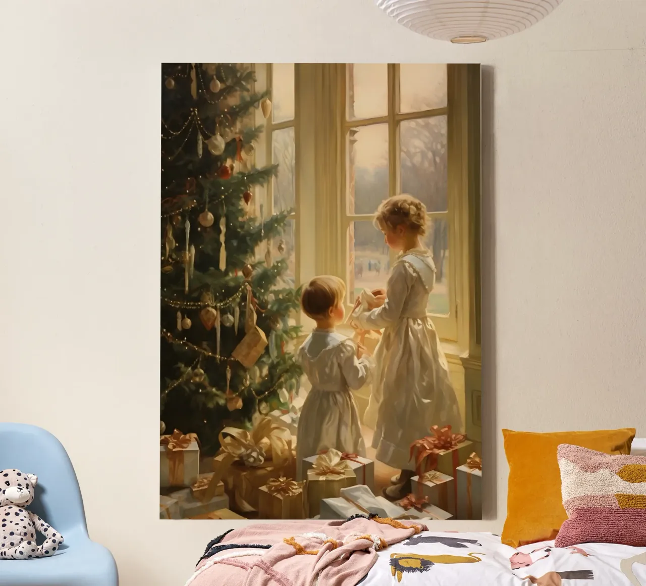 Kinderen versieren boom - Klassiek kerstwonder canvas met Baklijst van ClubArt