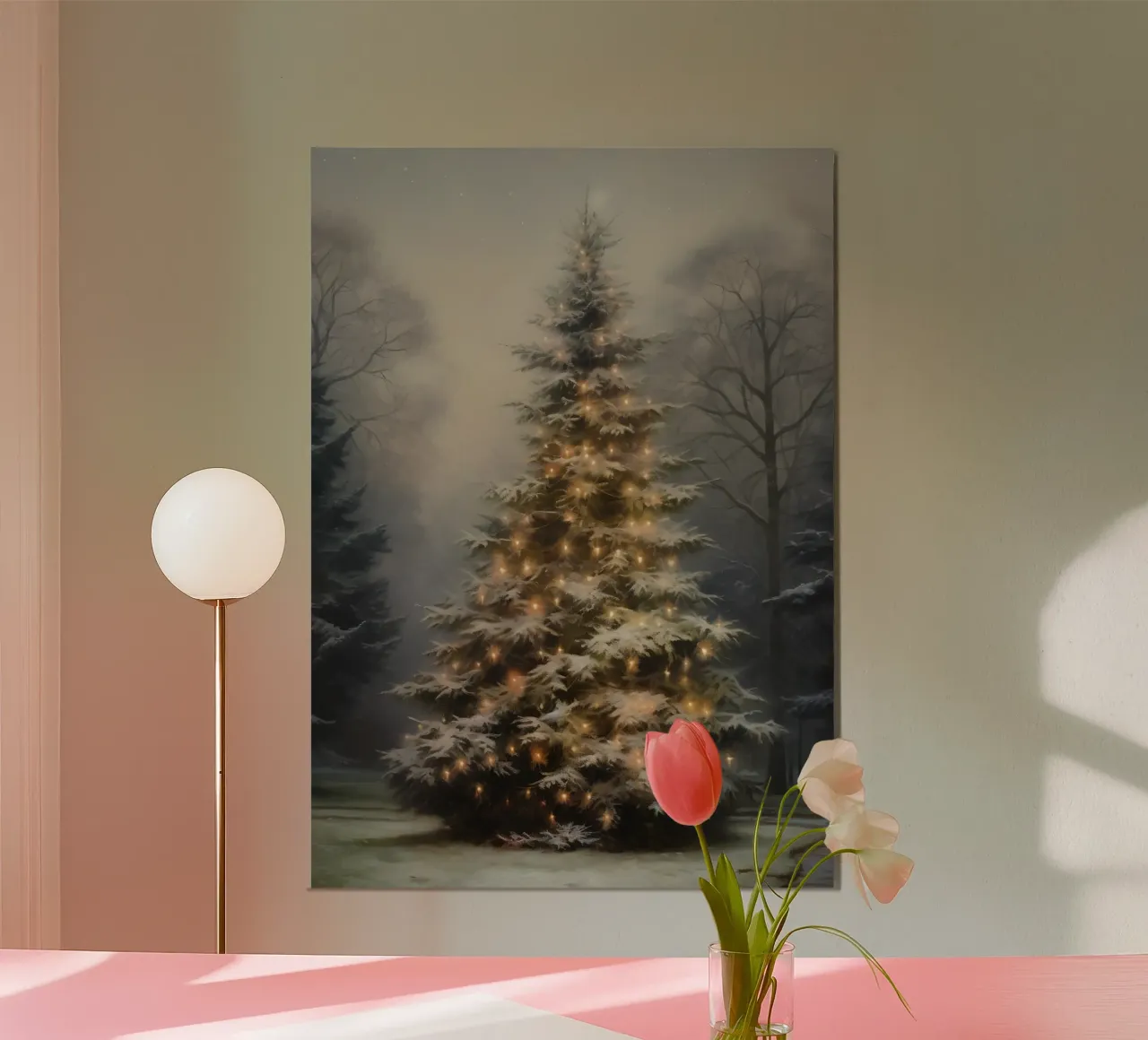 Magico albero di Natale all'aperto - Luci della foresta innevata alluminio dibond da ClubArt