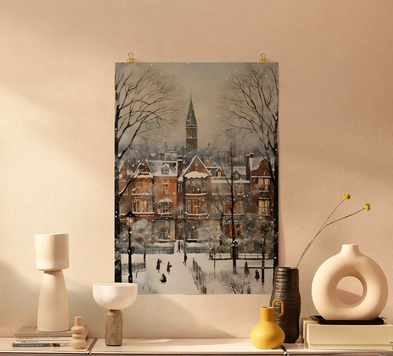 Nevicata di una città vittoriana - Accogliente paesaggio urbano invernale poster con telaio in plastica da ClubArt