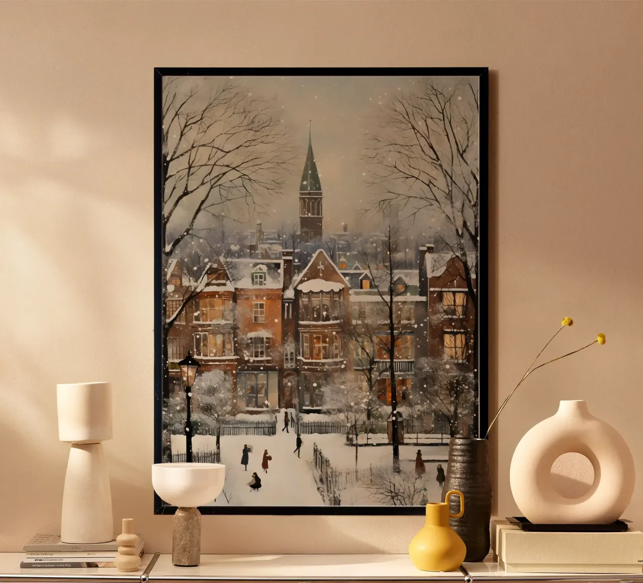 Nevicata di una città vittoriana - Accogliente paesaggio urbano invernale poster con telaio in plastica da ClubArt