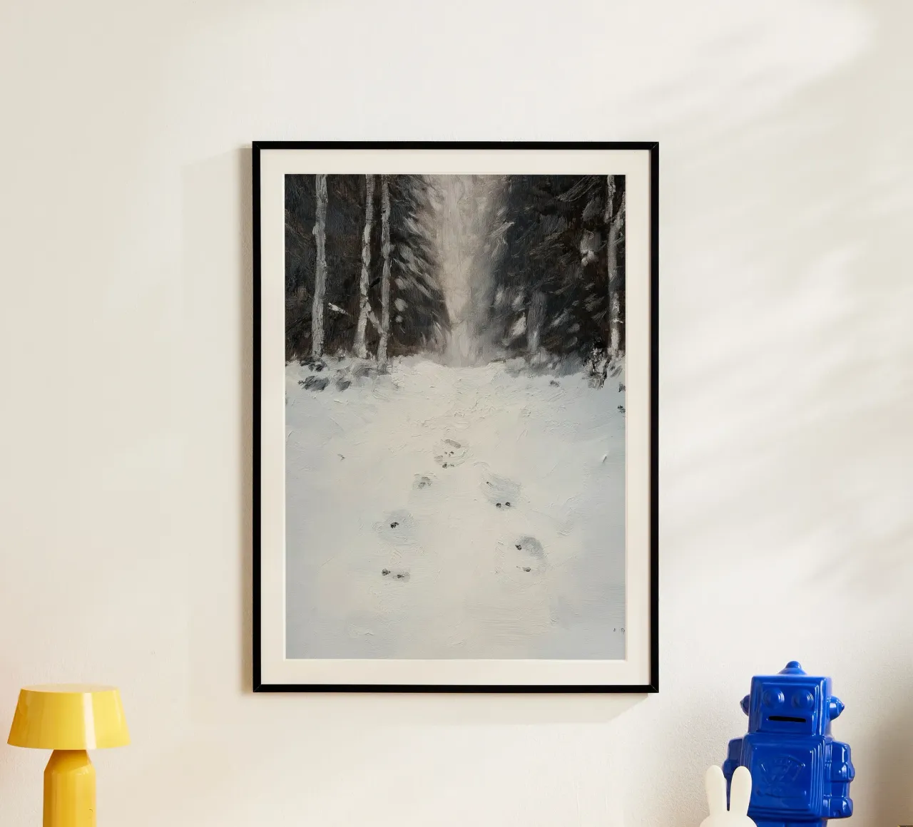 Impronte nella neve - Silent Winter Forest Path Art poster con telaio in legno da ClubArt