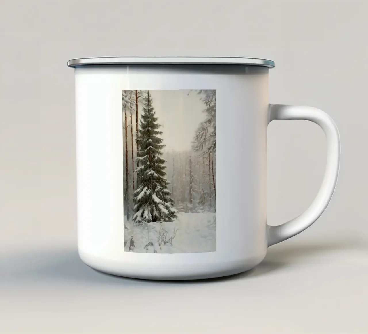 Pino maggiore innevato - Sereno paesaggio forestale invernale tazza in smalto da ClubArt