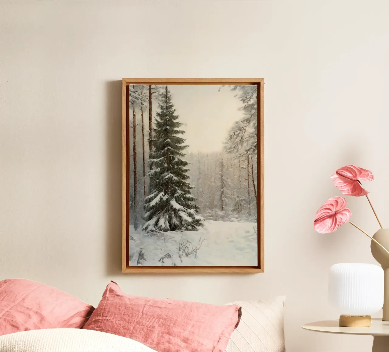 Grove den in sneeuw - Sereen winterboslandschap canvas met Baklijst van ClubArt
