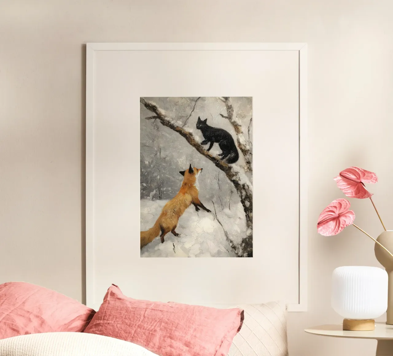Volpe e gatto in inverno - Arte della fauna selvatica del bosco innevato poster con telaio in plastica da ClubArt