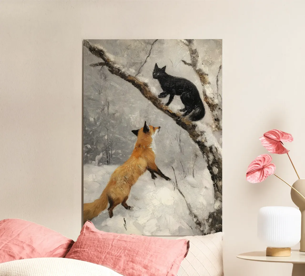 Volpe e gatto in inverno - Arte della fauna selvatica del bosco innevato poster con telaio in plastica da ClubArt